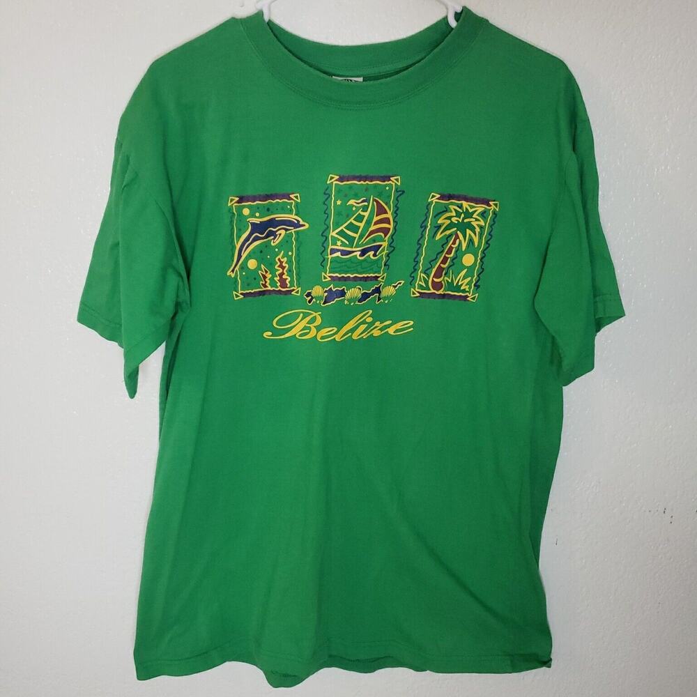 Advance Tees Belize Tourist T Shirt Mens Large Green 100% Cotton Dolphin